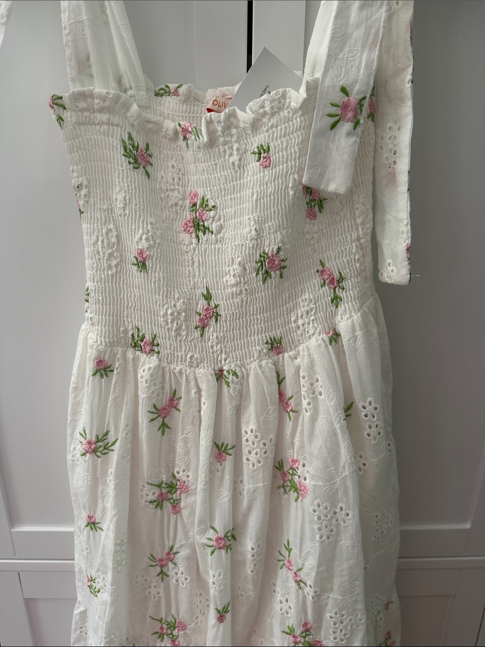 White & Pink Floral Eyelet Tie-Shoulder Maxi Dress - Picture 3 of 3